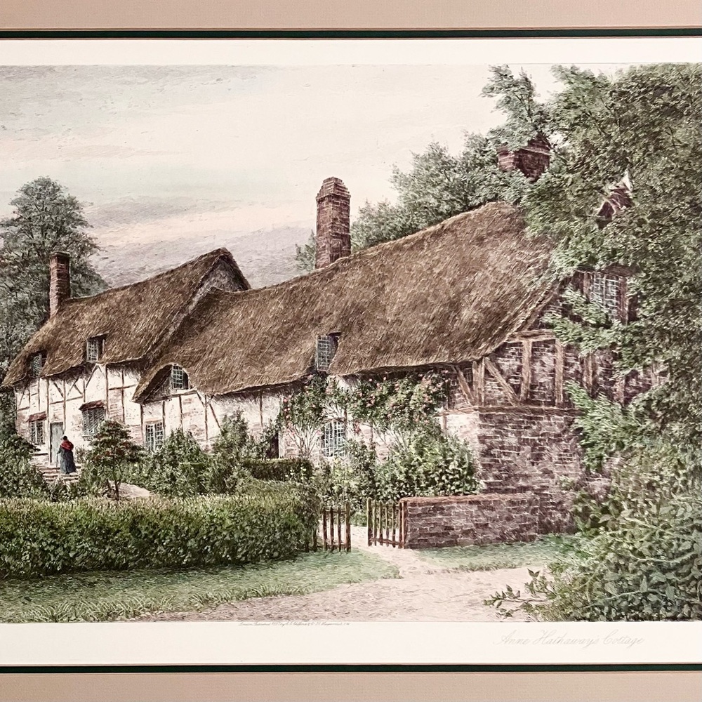 ANNE HATHAWAY’S COTTAGE / Large Hand-Colored VINTAGE ETCHING / J.R. Hutchinson